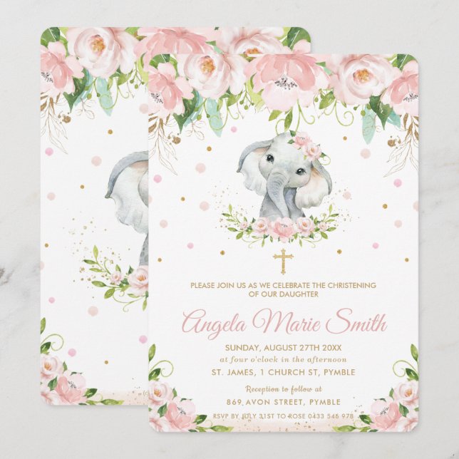 Invitación El bautismo floral rosa del elefante Rubor es una  (Anverso / Reverso)