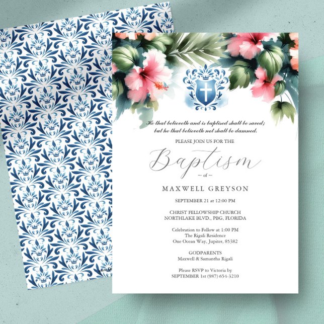Invitación El bautismo invita al azul y el rosa religiosos (Baptism invitations with godparents names pink hibiscus flowers by Victoria Grigaliunas)