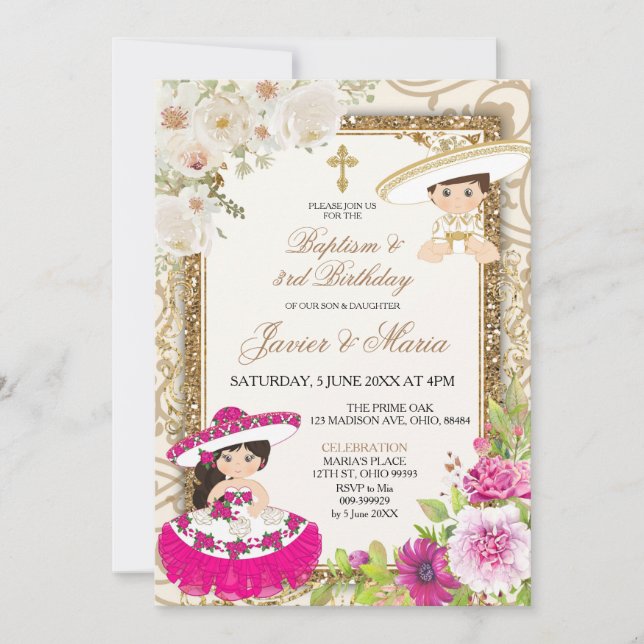 Invitación El bautismo mexicano de hermanos rosados y azules  (Anverso)