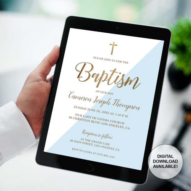 Invitación El Bautismo Moderno del Oro Blanco Simple (Baby baptism gold cross blue modern invitation digital invitation/)