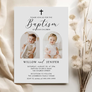 Invitación El bautismo moderno gemela foto de niño y Chica