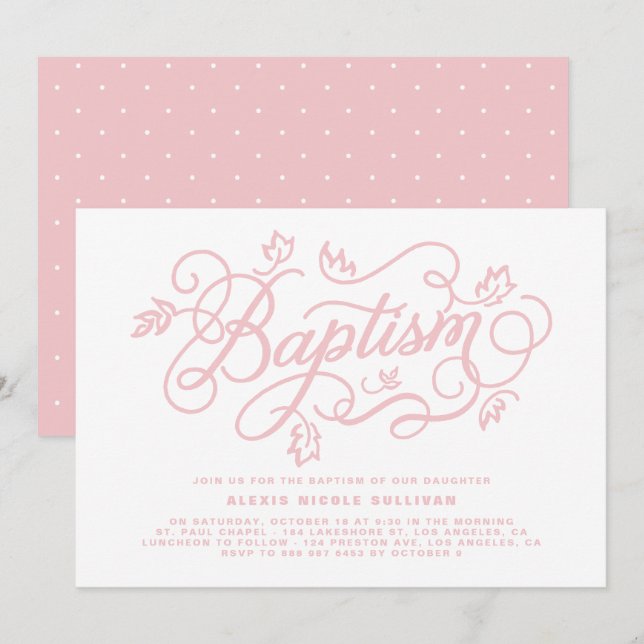 Invitación El bautismo por follaje rosado ruso (Anverso / Reverso)