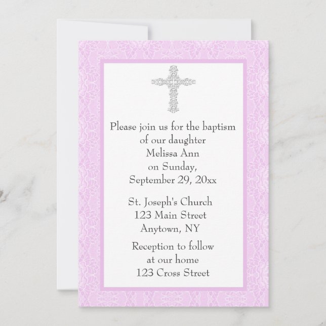 Invitación El bautismo rosado bautiza (Anverso)