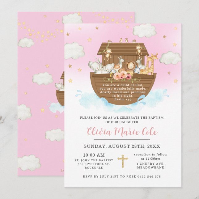 Invitación El bautismo rosado de Noé cristiana dedicación (Anverso / Reverso)
