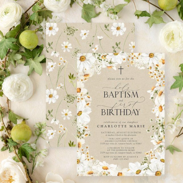 Invitación El bautismo sagrado de margarita y el Chica floral (Easily personalize this beautiful baptism and first birthday invitation with your personal details)