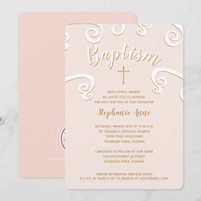 Invitación El bautismo se desplaza en rosa y oro (Anverso / Reverso)