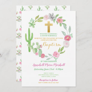 Invitación El bautismo verde cactus bautizando a cacti rosado