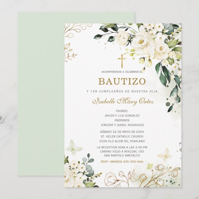 Invitación El Bautizo y Primer Cumpleaños de nuestra hija (Anverso / Reverso)