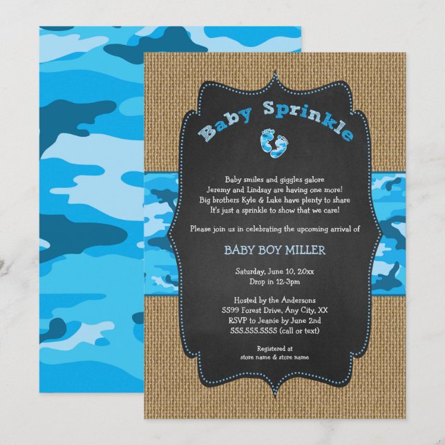 Invitación El bebé azul de Camo asperja invita, camufla a la (Anverso / Reverso)