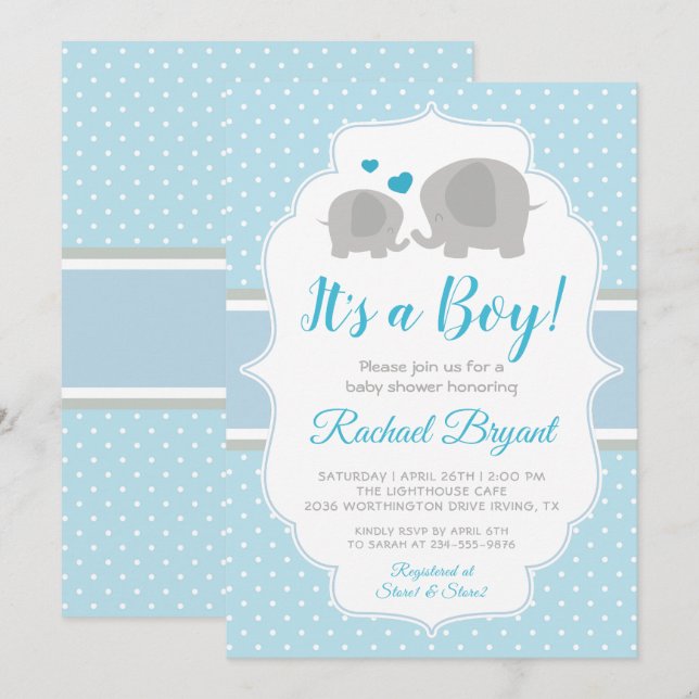Invitación El bebé azul elefante Baby Shower (Anverso / Reverso)