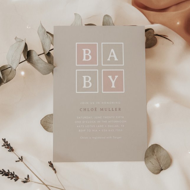 Invitación El bebé boho bloquea el Baby Shower moderno rosado (Subido por el creador)