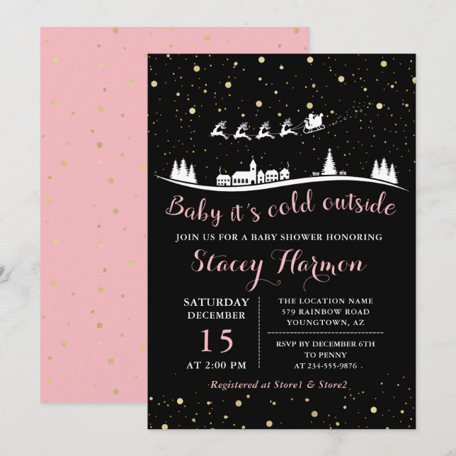 Invitación El bebé de invierno de oro rosado está frío fuera  (Anverso / Reverso)