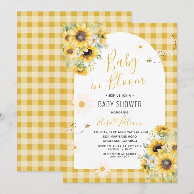 Invitación El bebé de la margarita del girasol en flor (Anverso / Reverso)