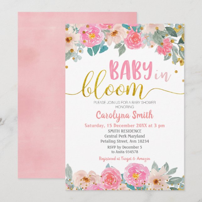 Invitación El bebé de la vegetación floral rosa en la invitac (Anverso / Reverso)