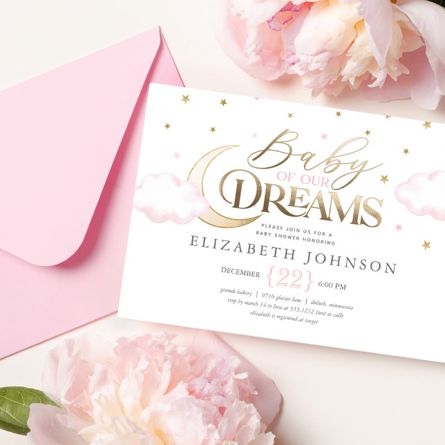 Invitación El bebé de nuestra luna de sueños y Baby Shower ro (Subido por el creador)