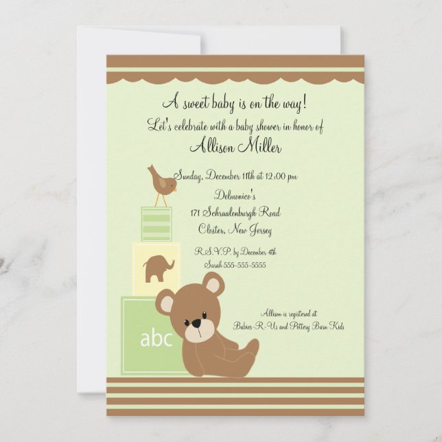 Invitación El bebé de oso limpio bloquea el Baby Shower neutr (Anverso)