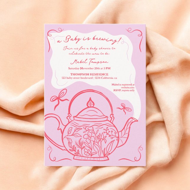 Invitación El bebé de tetera de arcos rojos retro se está pre (Retro red bows teapot baby is brewing Baby shower Invitation)