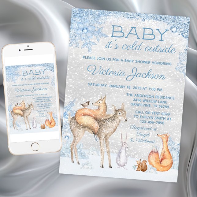 Invitación El bebé de un animal de bosque está frío fuera de  (Baby it's cold outside baby shower invitation. Instant download and printed invitations available.)