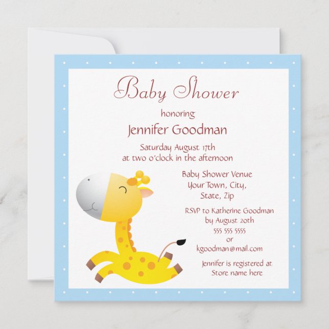 Invitación El bebé dulce Giraffe Azul Baby Shower (Anverso)