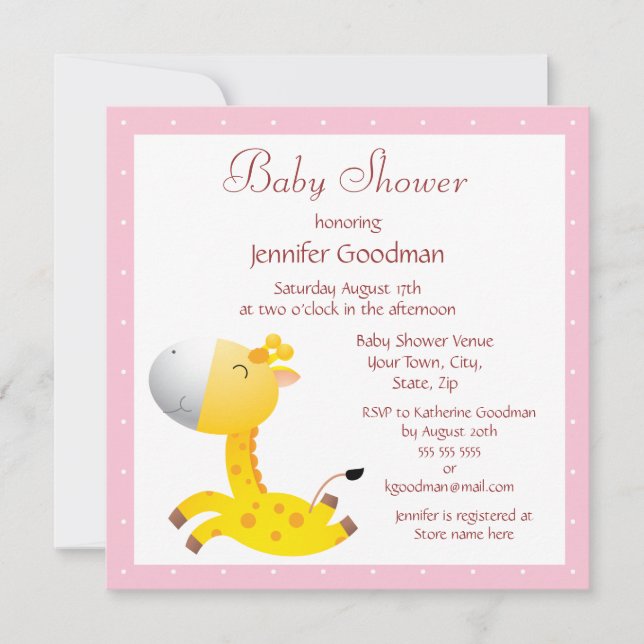 Invitación El bebé dulce Giraffe Rosa Baby Shower (Anverso)