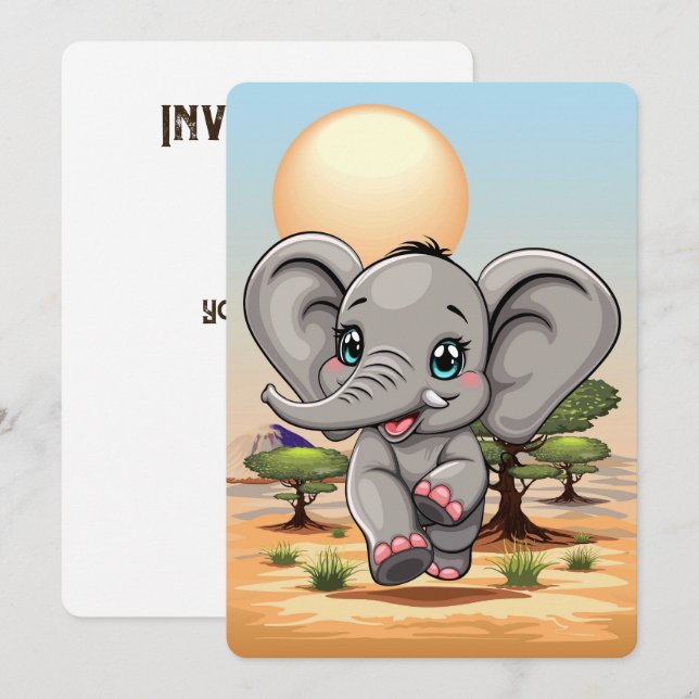 Invitación El bebé elefante salta feliz en la sabana africana (Anverso / Reverso)
