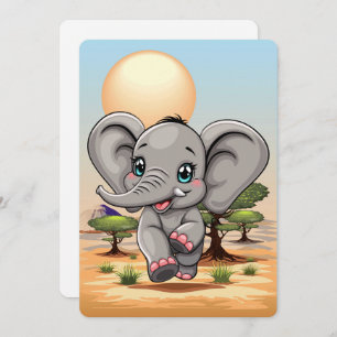 Invitación El bebé elefante salta feliz en la sabana africana