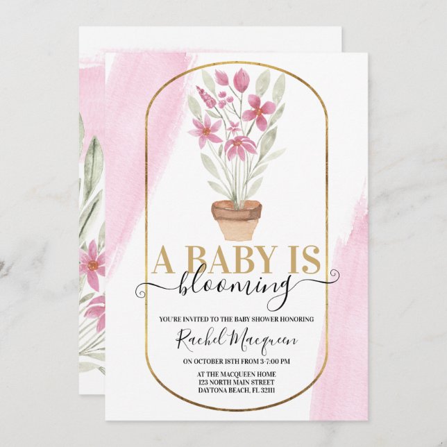 Invitación El bebé está floreciendo en Baby Shower de acuarel (Anverso / Reverso)