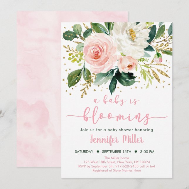 Invitación El bebé está floreciendo Rubor Gold Floral Baby Sh (Anverso / Reverso)