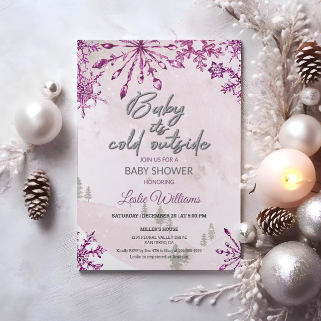 Invitación El bebé está frío fuera del invierno - Niña rosa d (Baby is cold outside Winter Pink Baby Girl Shower Invitation)