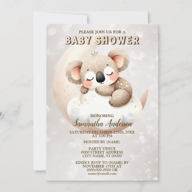 Invitación El bebé Koala de la cola de Baby Shower (Anverso)
