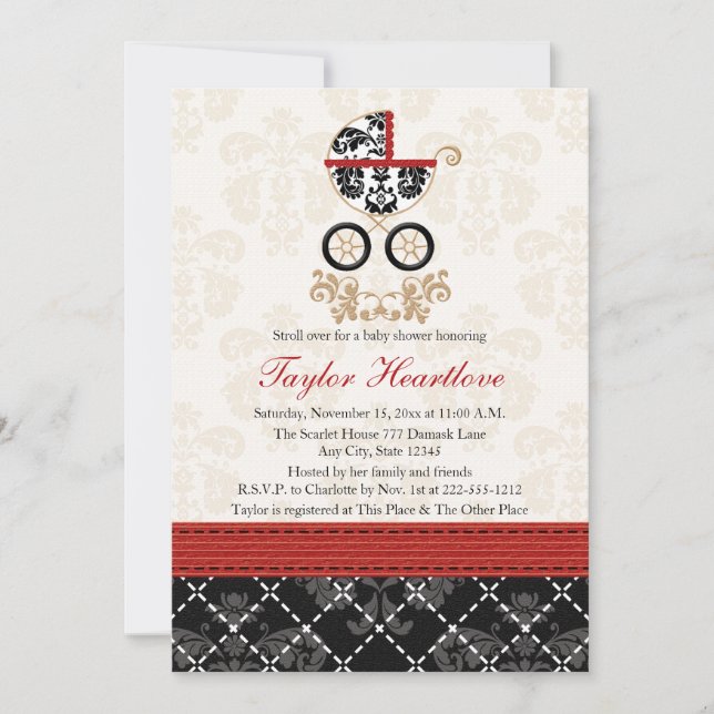 INVITACIÓN EL BEBÉ ROJO Y NEGRO LLEVA BABY SHOWER (Anverso)