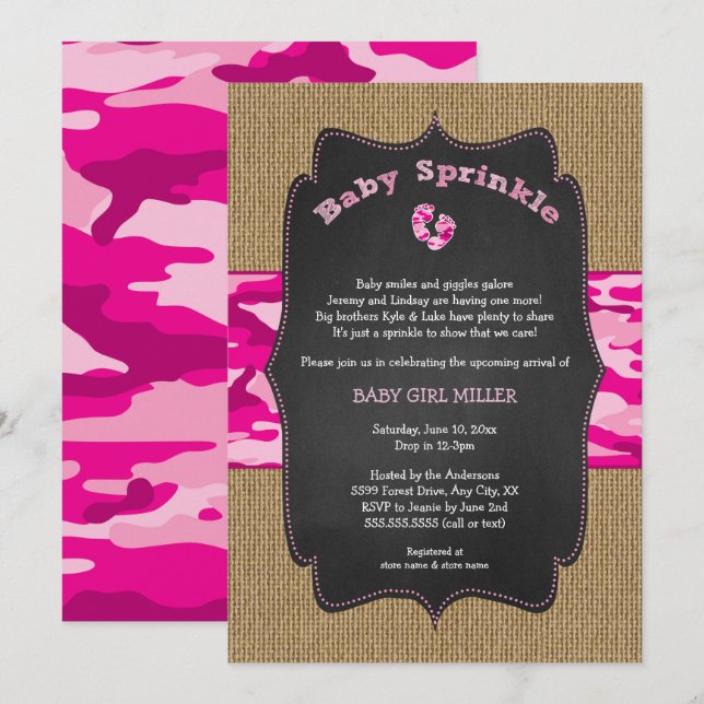 Invitación El bebé rosado de Camo asperja invita, camufla a (Anverso / Reverso)