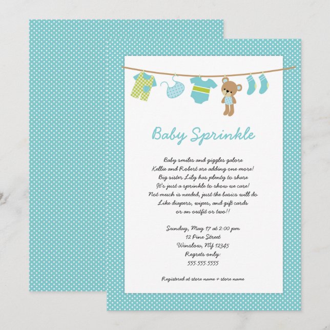 Invitación El bebé verde azulado de la cuerda para tender la (Anverso / Reverso)