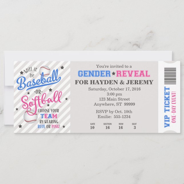 Invitación El béisbol o el softball de género revelan el esti (Anverso)