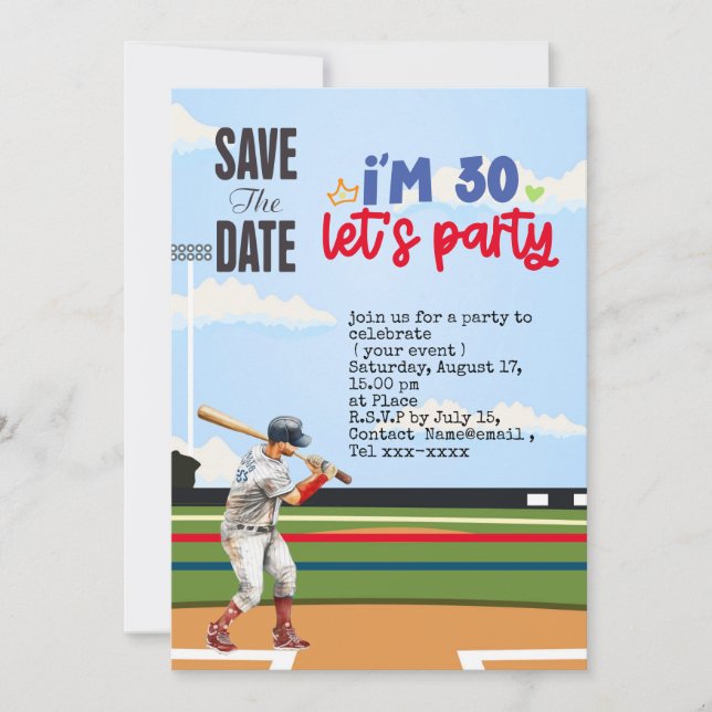 Invitación El béisbol salva la fecha 30 Fiesta de cumpleaños (Anverso)