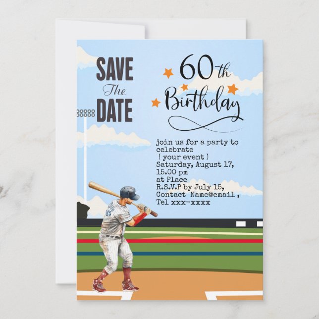 Invitación El béisbol salva la fiesta de cumpleaños número 60 (Anverso)
