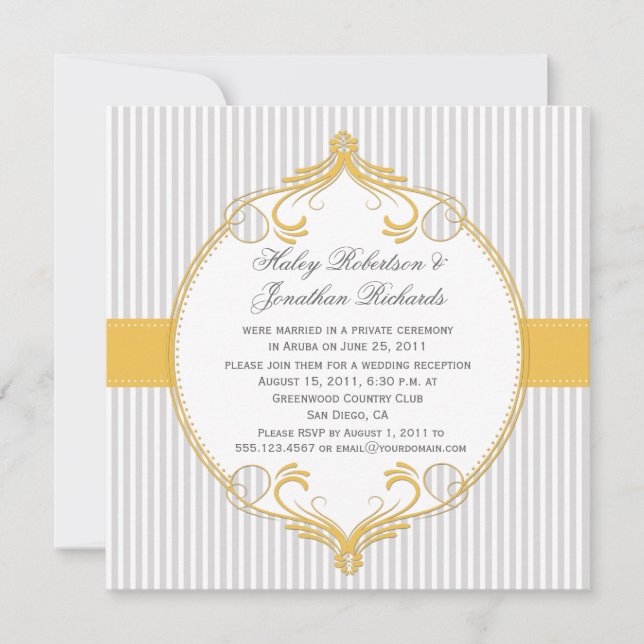 Invitación El blanco gris del marco amarillo raya la boda (Anverso)