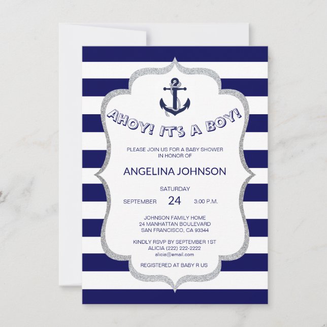 Invitación El blanco náutico de los azules marinos raya BABY (Anverso)