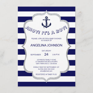 Invitación El blanco náutico de los azules marinos raya BABY