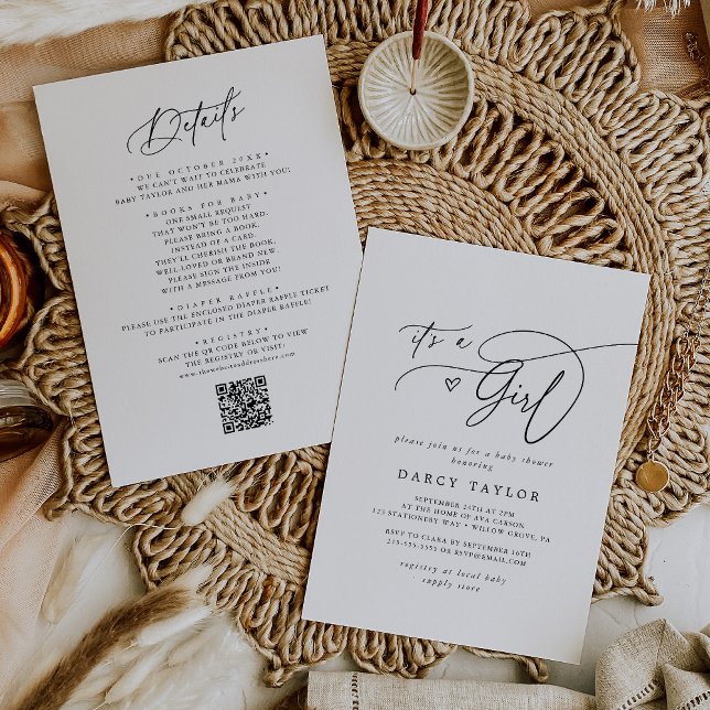 Invitación El blanco negro clásico DARCY es un Baby Shower Ch (DARCY Classic Black White It's A Girl Baby Shower Invitation)