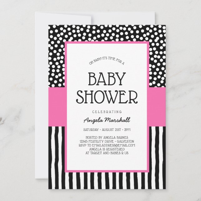 Invitación El blanco negro suntuoso y el Baby Shower rosa (Anverso)