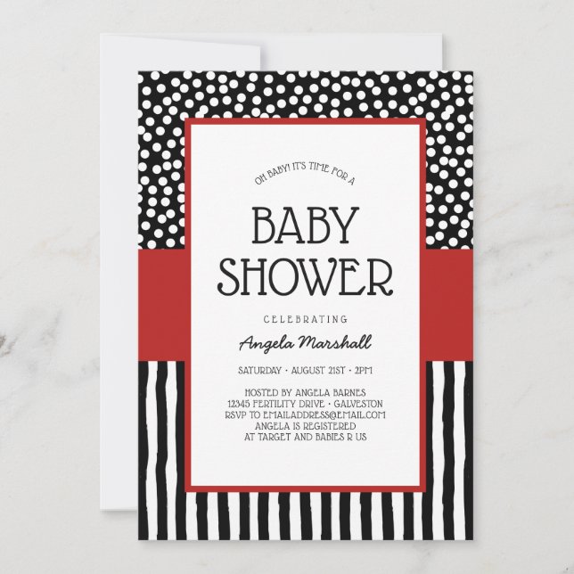Invitación El blanco negro y el rojo brillantes de Baby Showe (Anverso)