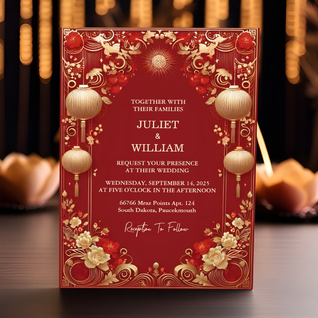 Invitación El Boda bilingüe chino floral asiático moderno (Subido por el creador)