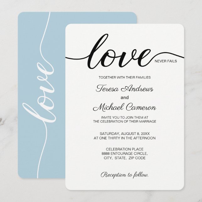 Invitación El Boda cristiano azul y polvoriento amor nunca fa (Anverso / Reverso)