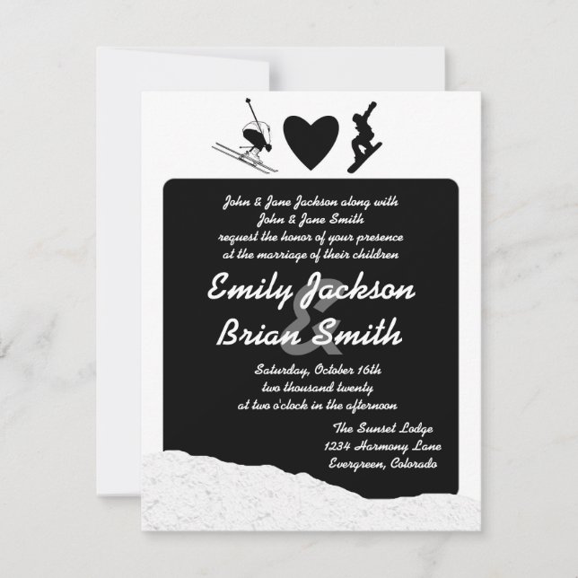 Invitación El boda de encargo del snowboarder blanco negro (Anverso)
