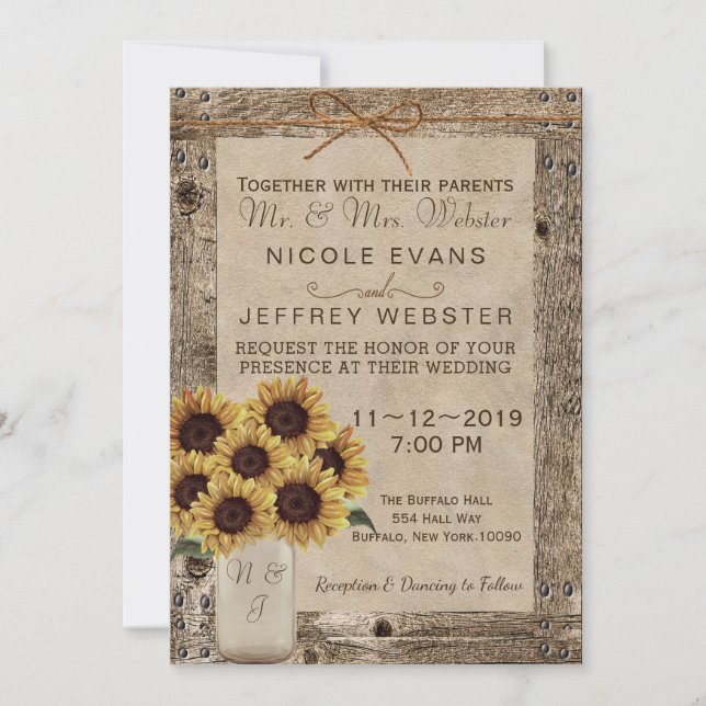 Invitación El Boda de la madera de grano rústico Sunflower Ma (Anverso)