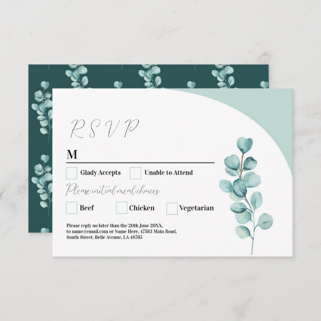 Invitación El Boda de RSVP Eucalyptus deja verde simple (Anverso / Reverso)