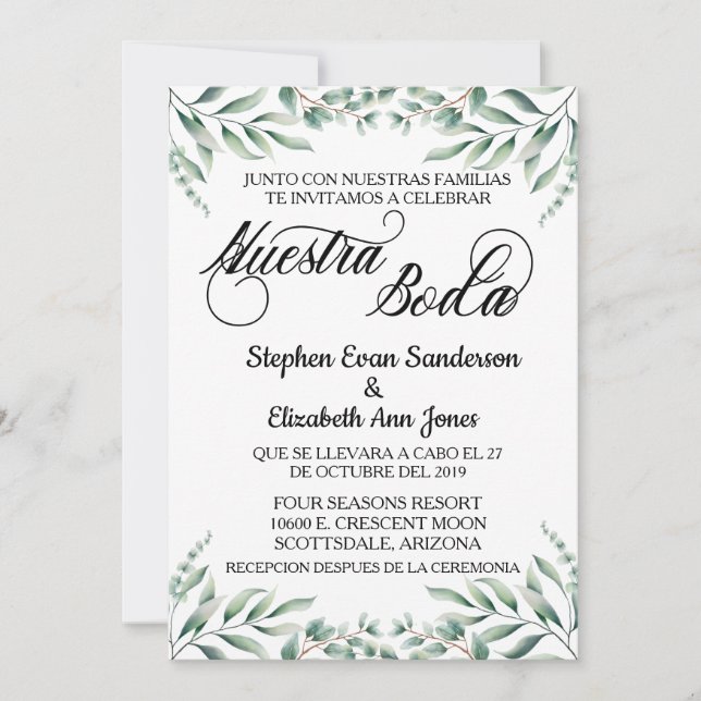 Invitación El Boda español Eucalyptus deja a Nuestra Boda (Anverso)