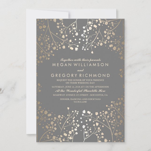 Invitación El Boda gris floral del bebé dorado (Anverso)