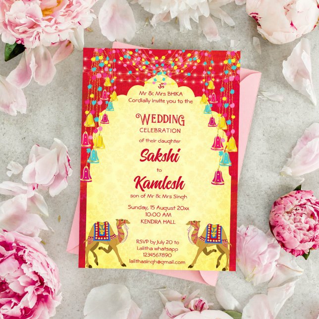 Invitación El boda indio Rajasthani camellos coloridos (Indian wedding template invitation instant download Rajasthani camels arch frame cerise and yellow)